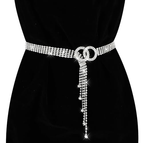 Rhinestone Waist Belt for Women, Crystal Waist Chain Belt Adjustable Diamond O-Ring Waistband Belt for Jeans Dresses