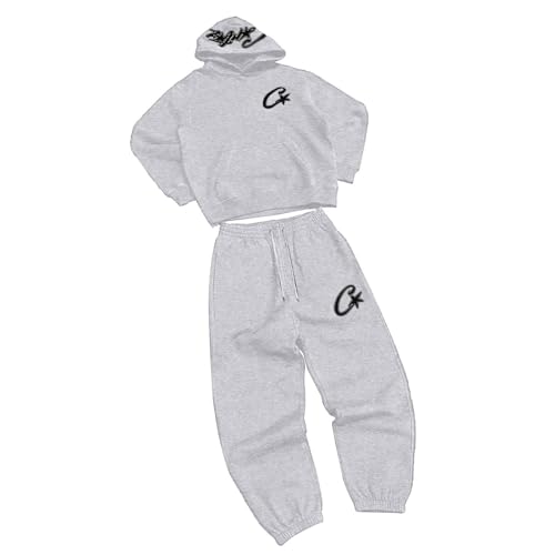 Tuta da jogging da uomo e donna unisex, tuta sportiva in cotone con cappuccio e pantaloni da jogging, set comodo per il tempo libero, abbigliamento da strada, tuta da allenamento 2 pezzi, grigio