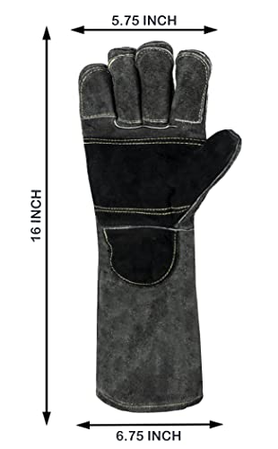 American Fur Welding/Bbq Leather Gloves 16 Inches,932℉, Stick Welding Gloves Heat/Fire Resistant, Mitts For Oven/Grill/Fireplace/Furnace/Stove/Bbq/16 Inches Extra Long Sleeve (16 Inches, Black-Gray) #TOP3