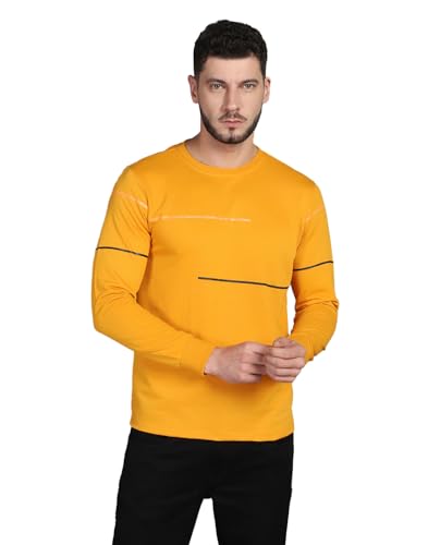 Image of INKKR Striped Men's Round Neck Mustard Full Sleeve T-Shirt