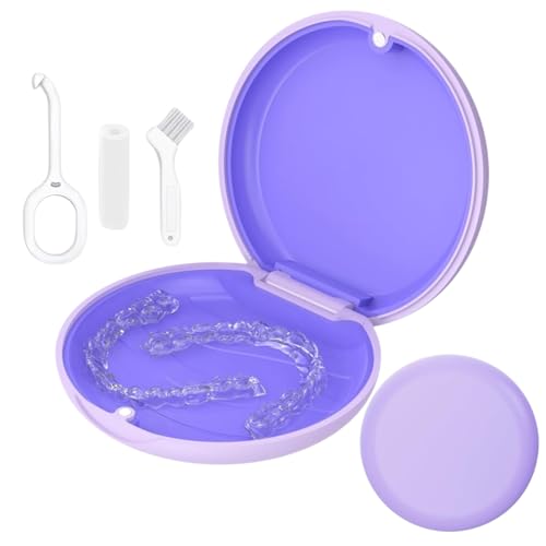 Caja para aparatos ortopédicos compatible con Invisalign, estuche retenedor con herramientas de extracción y alineador Chewies y cepillo, compartimento interior extraíble de silicona (morado)