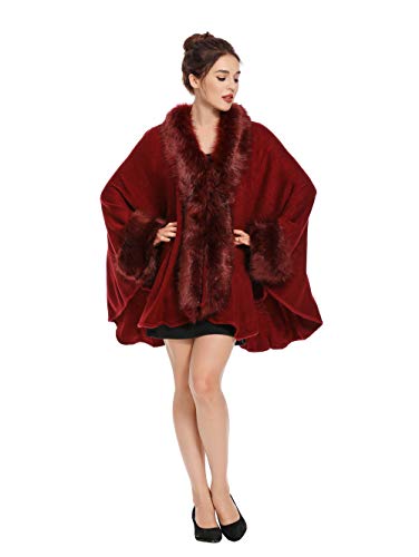 ZLYC Women Warm Faux Fur Trim Layer Cardigan Sweaters Coat Cold Weather Shawls Capes3