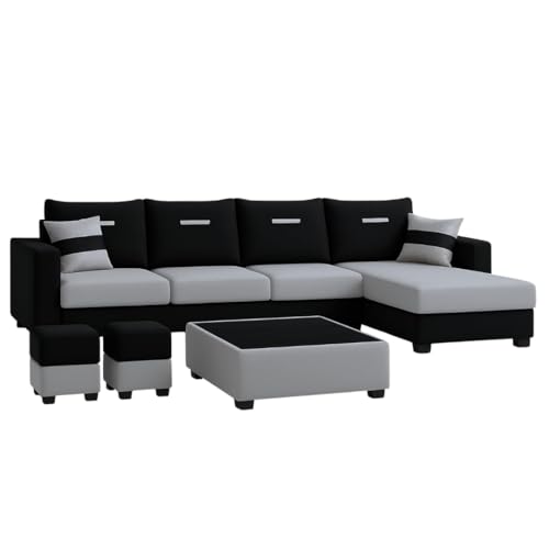 Image of CASASTYLE Adonway 8 Seater Fabric RHS L Shape Sofa Set (Light Grey-Black) Premium Velvet Finish | Ideal for Living Rooms
