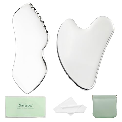 LeMeeOly 2Pcs Gua Sha Facial Tools Stainless Steel, Detailer GuaSha Set for Face Neck, Natural Skin Care Metal Gua Sha Lymphatic Drainage Face Massage Tool, Gift for Women