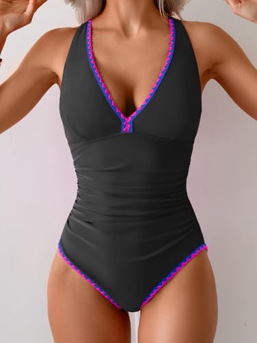 Image of B2prity One Piece Swimsuit for Women Tummy Control Ruched Bathing Suit Push Up Tie Back Swimwear Shell Stitched