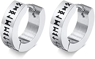 FLHEART Norse Viking Hoop Earring for Men - Amulet Protection Jewellery Gifts Stainless Steel Men's Stud Huggie Hinged Earrings with Nordic Elder Futhark Runes,Black/Silver/Gold Plated,1 Pair