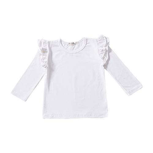 BOUTIKOME Kids Toddler Baby Girls Basic Ruffle Sleeve Cotton T Shirts Tops Blouse Solid Cotton Basic Tees Plain Shirt (White, 2-3T)