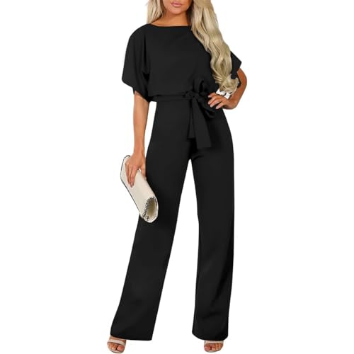 Odizli Jumpsuit Damen Elegant Schick Kurzarm Sommer Overall Frauen Hochzeit Festlich Hochzeitsg&auml;ste Business Hosenanzug Brautjungfer Formal Party Gesch&auml;ft Lang Playsuit Romper Gro&szlig;e Gr&ouml;&szlig;en Schwarz L
