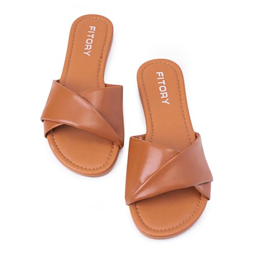 Image of FITORY Women's Flat Sandals Fashion Slides With Soft Leather Slippers for Summer Size 6-11