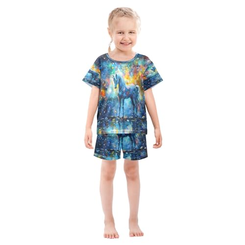 ALAZA Unicorn Star Oil Painting Pajamas Set Short Sleeve Cotton Sleepwear Summer Pjs 2 Piece 5-14Y3