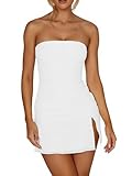VASAUGE Women's Sexy Tube Top Side Slit Mini Dress Strapless Ruched Bodycon Party Club Short Dresses, Small, White