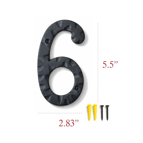 Image of NACH House Numbers for Outside, 5.5 inch Black Address Numbers for House - Number 6 - Rustic Numbers for Outside with Mounting Hardware