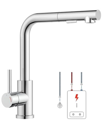 FORIOUS Grifo Cocina Baja Presión, Grifo Cocina Fregadero con 3 Conexiones para Calentador o Bajo Fregadero, Grifo Extraíble en forma de L, 2 Modos de Agua, Giro 360°, Cromo Pulido, Spline