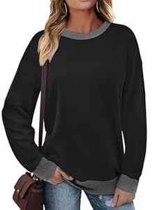 Cuptacc Sweatshirt Damen Casual Daily Lässigen Basic Warm Bunte Langarmshirt Mit Drop-Schulter Schickes Abgesetzte Pullover Damen Schwarz Grau XXXL