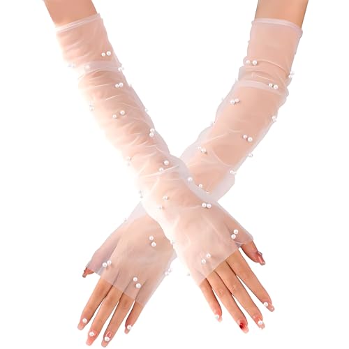 White Short Lace Gloves - Sheer Mesh Floral Lace Tulle Wedding & Tea Party Gloves for Women