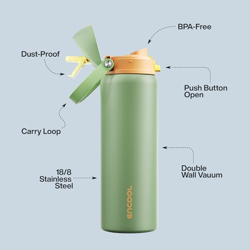 Image of Insulated Water Bottle with Straw - Encool Stainless Steel Water Bottle with Push Button Lid, Leak-Proof & BPA-Free, Keeps Cold for 24 Hours for Sports, Travel, Gym (32 oz, Lichen-Yellow)
