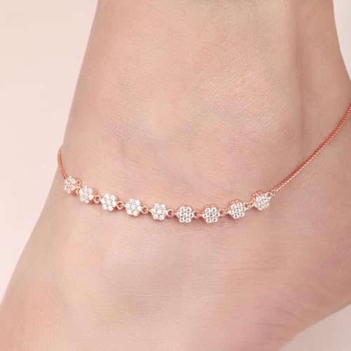 925 Silver CZ Floral Chain Anklet (PAIR)