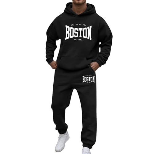Sweatsuits for Men Boston Graphic Print Hoodies Pullover and Pants Sets Casual Vintage Tracksuits Workout Gym Jogging Suits