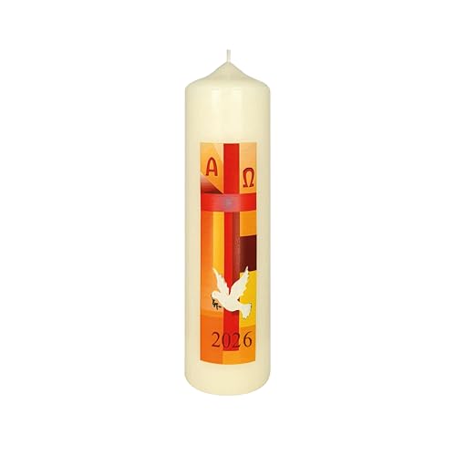 Wiedemann Osterkerze Kreuz Orange/Rot mit Taube und A und O mit aktueller Jahreszahl 220 x Ø 60 mm