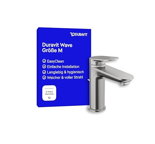 Duravit Wave Waschtischarmatur, Größe M (Auslauf Höhe 111 mm), Wasserhahn Bad mit Zugstangen-Ablaufgarnitur, Armatur Waschbecken, Edelstahl Gebürstet