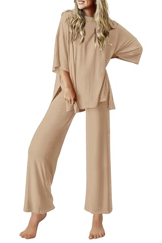 Image of Ekouaer Lounge Sets for Women Short Sleeve Tops and Long Pants Soft Comfy Pajamas Set 2 Piece Outfits