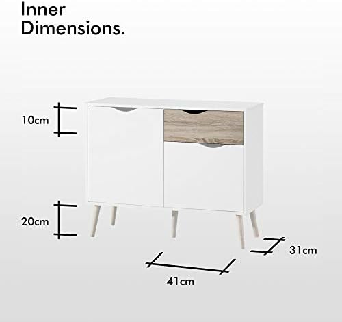 VonHaus Sideboard White & Oak Effect - Small Compact Sideboard Cabinet with 3 Storage Drawers & Cupboards  Nordic Scandi Style Furniture with Tapered Legs - Living Room, Lounge, Home Office & Hallway