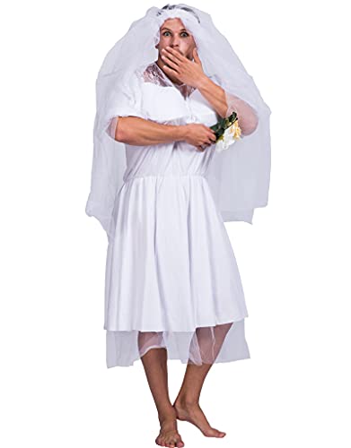 Funny Male White Bride Costume Men's Wedding Dress Novelty Fancy Dress Stag Do Hen Night Party Outift (One Size, 53#White)