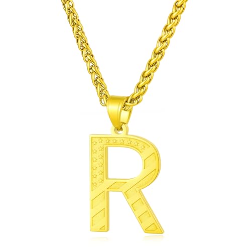 Laeclily Initial Necklace for Men Stainless Steel Pendent Chain Personalized R Letter Necklaces Gold Christmas Jewelry Gifts