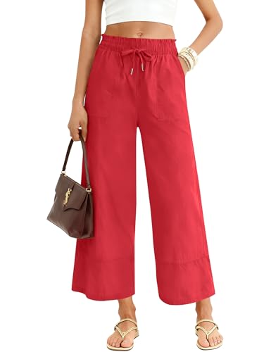 LOMON Wide Leg Pants for Women High Waisted Palazzo Pants Casual Loose Fit Trousers with Pockets Red XL