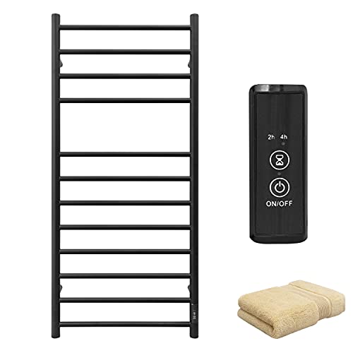 KEG Towel Warmer Wall Mounted with Built-in Timer 12 Bars Electric Stainless Steel Heated Towel Racks for Bathroom, Hot Plug-in Bath Towel Heater Matte Black