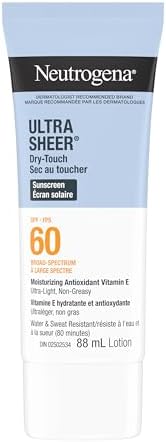 Neutrogena Ultra Sheer Dry-Touch Sunscreen Lotion, Broad Spectrum SPF 60 UVA/UVB Protection, Oxybenzone-Free, Light, Water Resistant, Non-Comedogenic & Non-Greasy, 88 mL