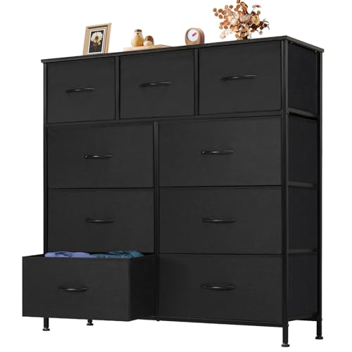 Image of OLIXIS 9 Drawer Storage Dresser with Wood Top - Wide Fabric Chest Organizer for Bedroom, Closet, Living Room,Tower Cabinet, TV Stand, Hallway Entryway Furniture,Carbon Black