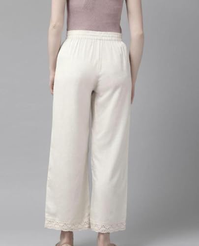 Image of Women's Off-White Khadi Palazzo with Lace Hem, Wide Leg, Elastic Drawstring Waist, Lightweight