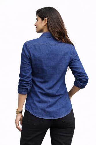 Image of Women's Denim Shirt | Long Sleeve Button Down Casual Shirt | Lightweight Summer Friendly Fabric | Regular Fit | Navy Blue & Charcoal Grey