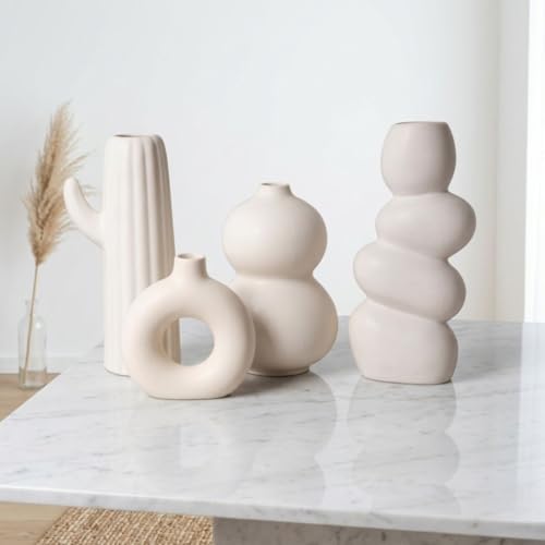 Image of Modern Ceramic Vase Set of 4 | Nordic Minimalist Donut, Bubble, Twisted & Cactus Design Decorative Flower Vases | Matte White Home Decor for Living Room, Center Table & Shelf