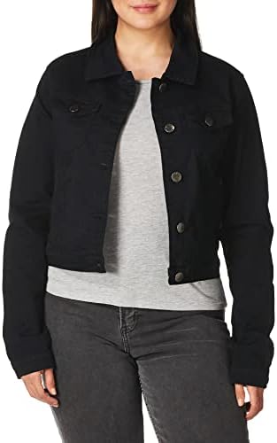 COVER GIRL Women's Jeans Jacket Crop Frayed Blue Distressed Or Dark Basic, Black Denim, Small