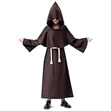 Banchif Niños Disfraz de Monje Sacerdote Túnica Niños Medieval Renacimiento Traje Con Túnica de Monje con Capucha Cuerda de Cintura de Capa y Collar de Cruz. (Marrón, 140)