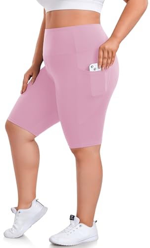 we fleece 8" Plus Size Biker Shorts with Pockets, High Waist Sakura Pink