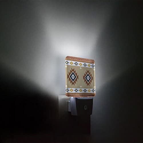Image of Night Light Plug in LED Night Lamp Automatic Sensor Kids Night Lights Plug into Wall, Southwest Geometric Bohemian Tribal Style Khaki Square Dim Night-Lights for Bedroom Bath Kitchen Hallway Decor