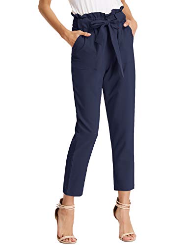 KANCY KOLE Women Plus Size Slack High Waist Soft Cigarette Trouser Slim Leg Solid Paper Bag Pants with Tie (Navy,XXL)