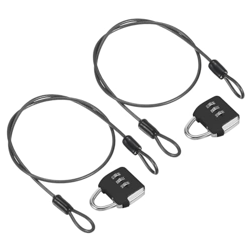 Image of PATIKIL Security Steel Cable with 3 Digit Combination Lock, 2 Set Travel Padlock 1.6Ft Coated Safety Wire Rope Double Loop for Luggage Suitcase, Black