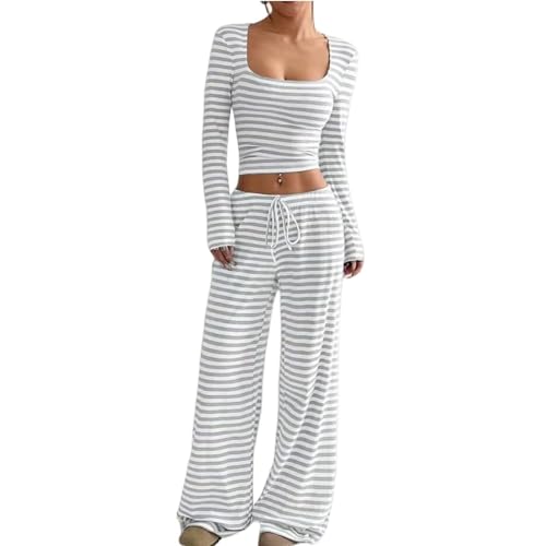Ensemble haut col carré et pantalon court jambes larges rayé décontracté