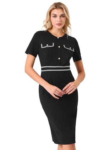 Women's Pencil Dress Short Sleeve Contrast Color Elegant Stretchy Bodycon Work Dresses
