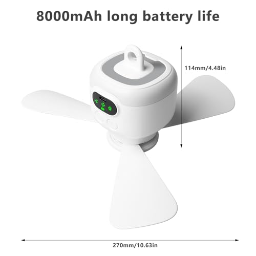 Camping Ventilator mit Licht, USB Campingventilator mit Fernbedienung, Aufladbar 8000mAh, Tragbarer Deckenventilator Abnehmbare Ventilatorflügel, Zeltventilator mit Haken für Auto Angeln Outdoor