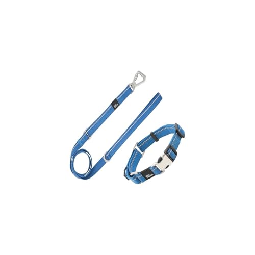 HomeStock Rustic Refinement Outdoor Series 3M Reflective 2-in-1 Dultrable Training Dog Leash and Collar, Collars for Dogs, Dog Collar for Walking, Nylon and Leather Collars - Small, Blue