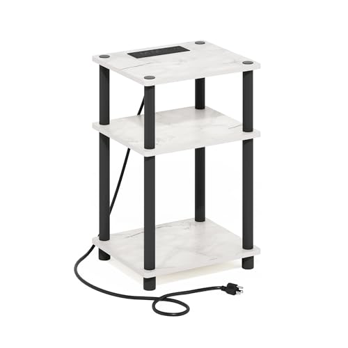 Image of Furinno Just 3-Tier Turn-N-Tube USB and Type-C Charging Port End Table with Open Storage, 11.42 (W) x 8.82 (H) x 6.77 (D) inches, Marble White /Black
