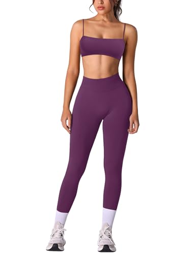 OMEWEE Workout sets for women 2 piece:Spaghetti Straps BacklessTop Bra and High Rise leggings for yoga Purple S