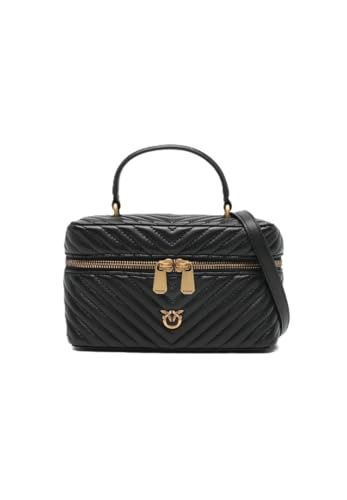 DESIGN ELEGANTE: Borsa a mano Pinko in pelle nera con trapuntatura chevron, impreziosita da finiture in galvanica oro antico, perfetta per un look sofisticato
