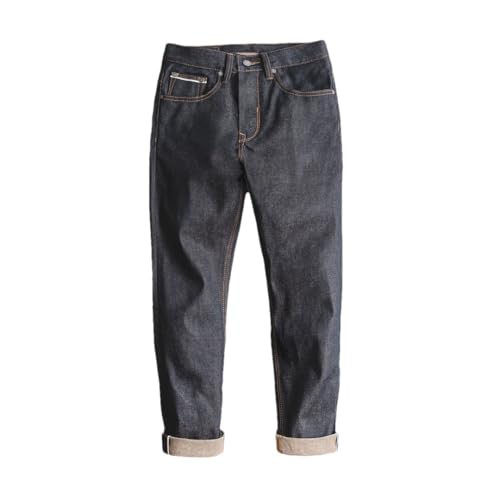 Men Selvedge Raw Denim Jeans Regular Fit Cotton Pants with Zip Fly Trousers