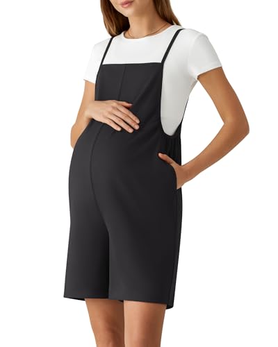 G4Free Maternity Overalls with Pockets Adjustable Straps Casual Pregnancy Shorts Jumpsuit Comfy Romper for Lounge Work(Black,S)